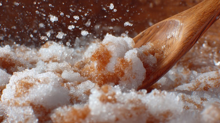This captivating image captures a close-up view of sparkling salt crystals as a wooden spoon creates a delightful splash, highlighting freshness and culinary beauty.の素材