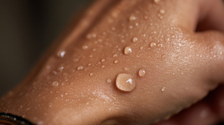 This close-up image showcases a hand adorned with glistening water droplets, highlighting the beauty and texture of hydrated skin in a natural setting.の素材
