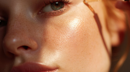 A stunning close-up view of a woman's face showcasing her radiant skin as she applies serum. The soft lighting accentuates her natural beauty and flawless complexion.の素材