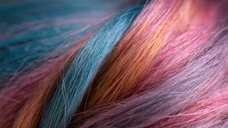 Captivating hair texture featuring an array of vibrant blue, pink, and orange shades. Ideal for projects in fashion, beauty, and creative arts showcasing dynamic colors.の素材