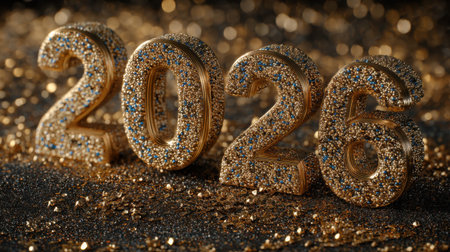Stunning golden numbers for 2026 are beautifully crafted with sparkling glitter, creating a perfect festive atmosphere for celebrations and parties.の素材
