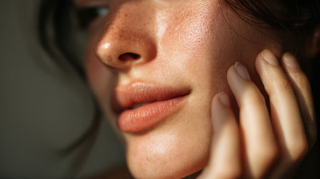 This close-up image features a womanの素材