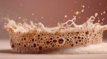 Beautiful close-up of brown foam splashing with bubbles, set against a soft pink background. This aesthetic image captures the refreshing essence of a beverage.の素材