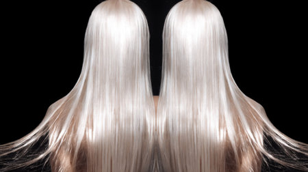 This striking image features long, silky hair with a glossy finish, perfectly symmetrical against a dark backdrop, emphasizing beauty and elegance in hair fashion.の素材