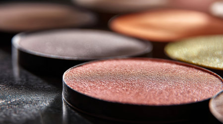 This close-up image showcases an array of colorful eye shadows resting on a sleek black surface, highlighting the texture and shimmer of the makeup products.の素材