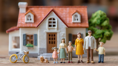 A charming scene depicting miniature family figurines gathered in front of a stylish model house, with a bicycle and a playful dog, evoking feelings of home and happiness.の素材