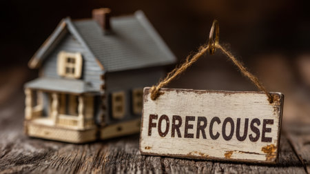 A small model house sits beside a rustic wooden sign labeled "FORERCOUSE," creating a warm ambiance perfect for real estate showcases and marketing.の素材