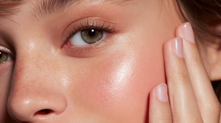 A captivating close-up image showcasing the beauty of a young woman with glowing skin and freckles, emphasizing the elegance of natural makeup and skin radiance.の素材