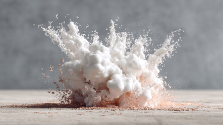 A breathtaking explosion of white powder creates a stunning visual effect against a soft background, showcasing dynamic movement, texture, and beauty in this artistic representation.の素材