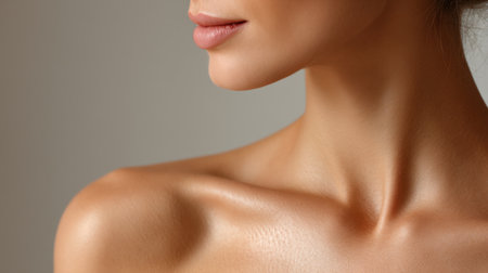 This close-up portrait highlights the graceful contours of a woman's neck and shoulder, emphasizing smooth skin and natural beauty in soft light against a neutral background.の素材