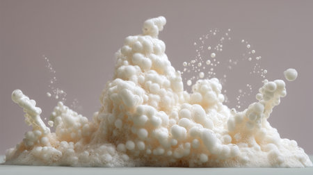 This artistic image showcases an abstract foam texture resembling a bubbly mountain, featuring floating air bubbles and a soft, neutral background, ideal for various design projects.の素材