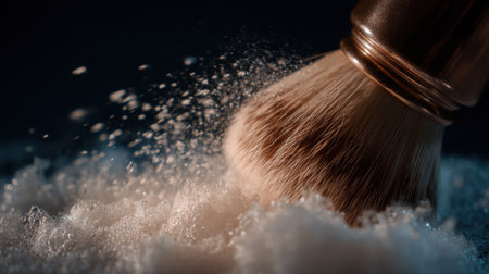 A captivating close-up photo of a makeup brush interacting with rich foam, generating delicate bubbles and showcasing the texture against a dark backdrop.の素材