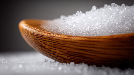 This image features a beautifully crafted wooden bowl filled with salt crystals, captured in soft light to enhance the texture and simplicity, ideal for culinary visuals.の素材
