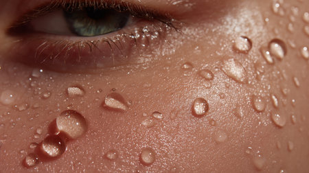 This close-up image captures the intricate details of human skin adorned with clear water droplets, evoking feelings of freshness and natural beauty in soft light.の素材