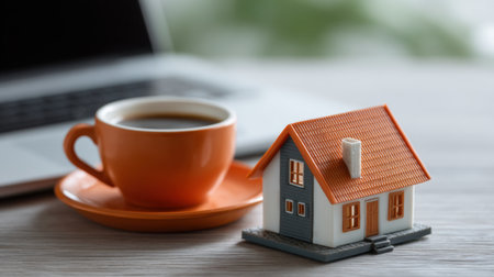 A cozy scene featuring a miniature house model beside a coffee cup on a wooden table, set against a laptop background, perfect for illustrating work-from-home comfort.の素材