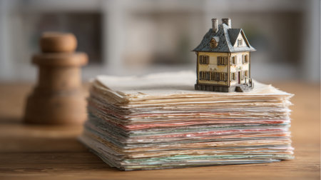 A charming miniature house model placed atop a vibrant stack of assorted paper sheets, creating a cozy atmosphere perfect for real estate and design inspiration.の素材