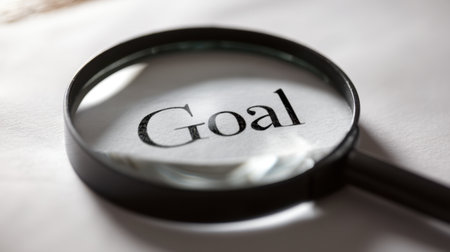A magnifying glass highlights the word "goal" on a paper sheet, symbolizing focus and clarity in achieving objectives and personal aspirations in life.の素材