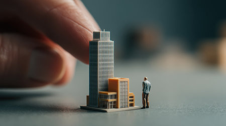 A miniature skyscraper model beside a person showcases the relationship between humans and architecture. Focus on urban development and the creative process in a minimalist environment.の素材