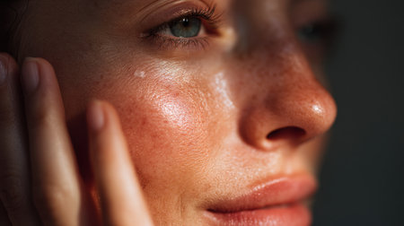 A stunning close-up image that captures the natural beauty of a woman's face, showcasing freckles and glowing skin, emphasizing the importance of self-care and wellness.の素材