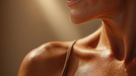 A close-up shot highlighting a woman's glowing skin and graceful neck in soft lighting. This image embodies natural beauty and wellness, capturing a moment of serenity.の素材