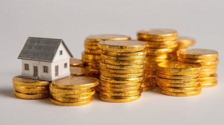 A miniature house sits amid a pile of gleaming gold coins, symbolizing the intersection of real estate investment and financial prosperity in today's economy.の素材