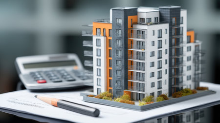 A detailed miniature model of a modern residential building is showcased on a financial document, accompanied by a calculator and pencil, emphasizing design and planning.の素材