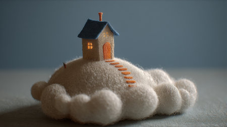 A charming felt house sits atop a fluffy cloud, emitting a warm glow from its windows. This whimsical scene captures imagination, comfort, and serenity in a delightful way.の素材