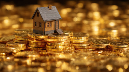 A striking visualization of a model house placed on golden coins, symbolizing investment in real estate and the journey towards financial prosperity and wealth accumulation.の素材