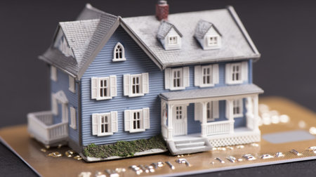 A detailed miniature blue house rests on a credit card, representing the complex relationship between finance and homeownership in today's economy, symbolizing investment opportunities.の素材