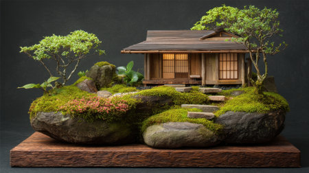 This image showcases a stunning miniature house inspired by Japanese architecture, beautifully placed on moss-covered rocks and surrounded by vibrant greenery.の素材