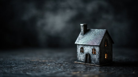 A tiny gray house model with warm lit windows sits on a textured dark surface, creating a cozy and inviting atmosphere suitable for various creative projects.の素材