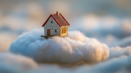 A charming miniature house floats on fluffy clouds, creating a dreamlike atmosphere. This whimsical scene evokes feelings of tranquility, hope, and imagination.の素材