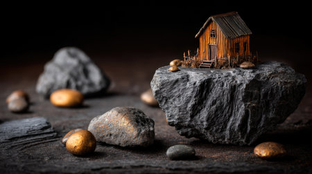 A captivating miniature rustic house sits atop a stone, surrounded by small rocks and golden objects, creating a unique and artistic scene in a dark, natural setting.の素材