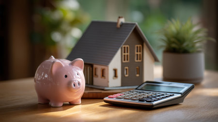 A cozy indoor scene featuring a piggy bank, calculator, and model house, which represents financial planning, savings, and investment opportunities for homeowners.の素材