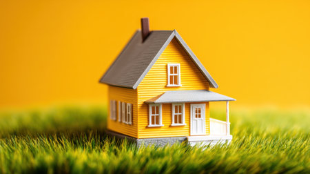 A charming yellow house model sits on vibrant green grass against a warm yellow background. Perfect for real estate, home design, and creative concepts.の素材
