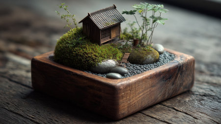 A serene miniature landscape featuring a tiny house nestled on a mossy island, surrounded by smooth stones, capturing the essence of tranquility and natural beauty.の素材