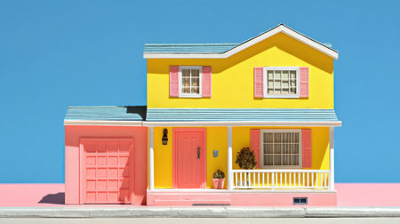 This vibrant model house showcases a playful design with bright yellow and pink colors. Ideal for creative projects, it captures joy and warmth in home themes.の素材