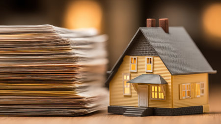A charming model of a yellow house sits beside organized stacks of documents, highlighting the intricate connection between real estate ventures and financial planning.の素材