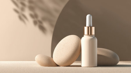 A serene setup featuring a skincare serum bottle and smooth pebbles on a soft surface, creating a tranquil atmosphere ideal for wellness and beauty imagery.の素材