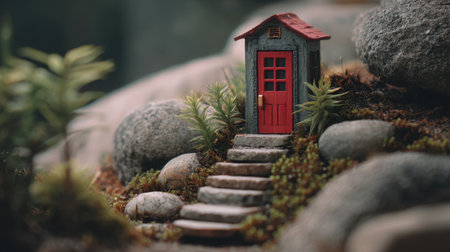 Captivating miniature scene featuring a tiny red door on a charming cabin surrounded by natural stones and vibrant greenery, evoking a sense of tranquility and creativity.の素材