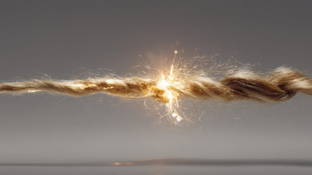A stunning close-up image of a twisted rope capturing the moment of a spark explosion, showcasing a dynamic play of light and motion against a smooth gray background.の素材
