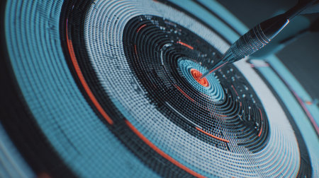 Intricate abstract pattern showcasing vibrant concentric circles with a detailed pencil point poised to create. Ideal for tech and design themes.の素材