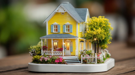 A delightful miniature house featuring a cheerful yellow exterior, adorned with colorful flowers and greenery, perfect for adding charm to any space or as a unique gift.の素材
