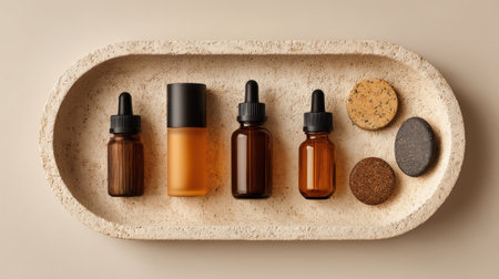 An elegant arrangement of essential oils and natural soaps in a textured tray on a soft neutral background, perfect for wellness, skincare, or beauty themes.の素材