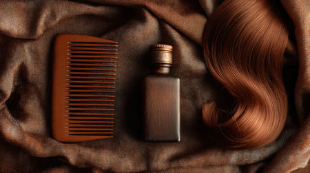 A serene flat lay arrangement of hair care essentials featuring a vintage comb, a stylish bottle, and shiny brown strands on soft fabric for beauty themes.の素材