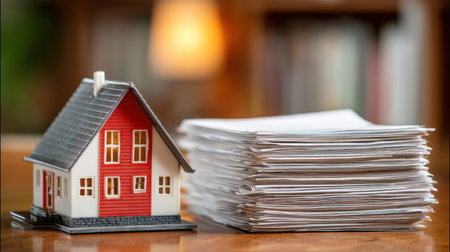 A charming miniature house model sits next to a tall stack of documents, symbolizing real estate investment and property management in a warm home office setting.の素材