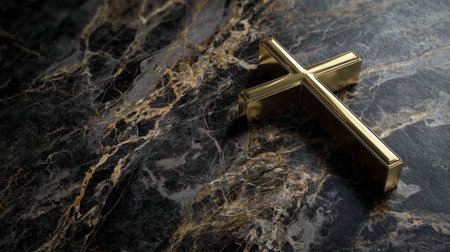 A stunning golden cross resting on a polished dark marble surface, symbolizing faith and spirituality, perfect for religious themes and decorative purposes.の素材