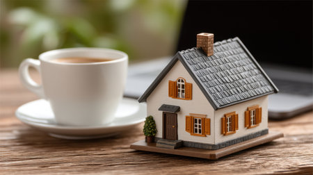 A charming miniature house model sits beside a cup of coffee on a wooden table, creating a cozy office scene. Ideal for real estate and lifestyle themes.の素材