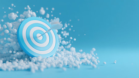 A blue target with an arrow striking the center, surrounded by fluffy clouds against a vibrant background. This minimalist design symbolizes focus, precision, and achievement.の素材