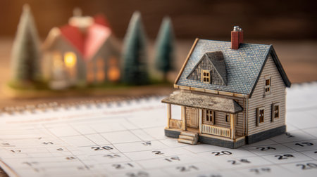 A miniature model house sits on a calendar, representing the important connection between home planning, real estate decisions, and financial investment strategies in today's market.の素材